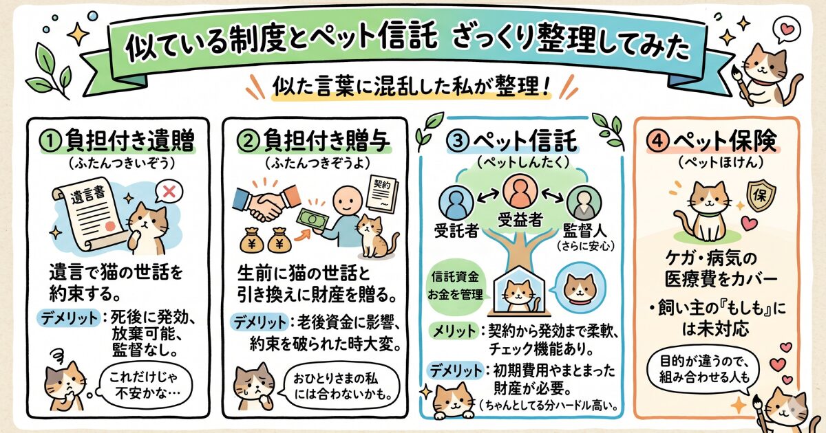 ペット信託と似ている制度の比較表。負担付き遺贈・負担付き贈与・ペット信託・ペット保険のメリットとデメリットを整理