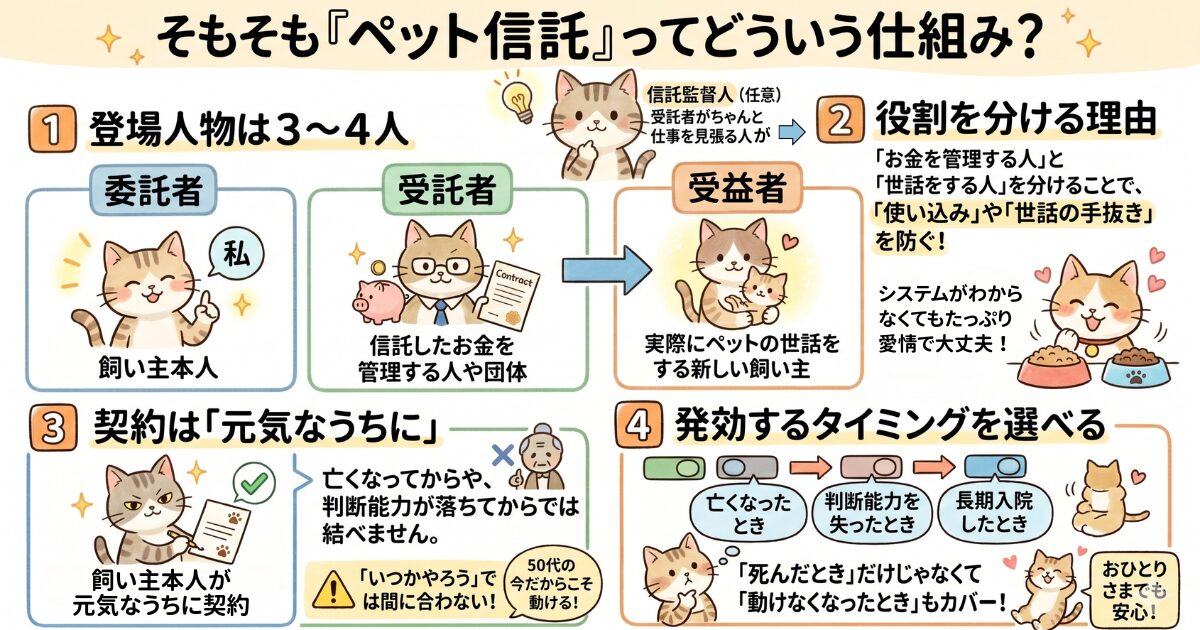 ペット信託の仕組み図解。委託者・受託者・受益者・信託監督人の関係、契約は元気なうちに、発効するタイミングを選べることを解説